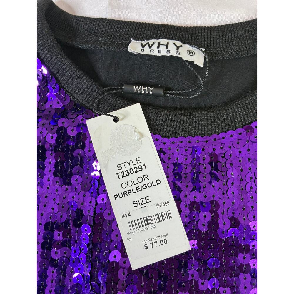 Why Dress Game Day Vibes Sequin Top Women's Medium Purple Gold NWT - Picture 3 of 3